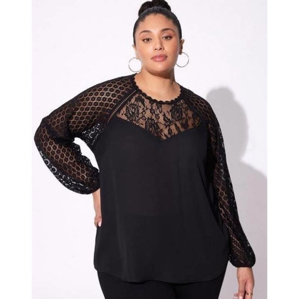 Torrid 5 (5X 28) Black Mixed Media Georgette & Lace Blouson Sleeve Blouse Top